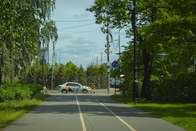 A road with two lanes leads into an urban area with a white car parked near the entrance. Several electric scooters are lined up on the side of the road, and there are various traffic signs and utility poles with wires attached. The area is surrounded by lush green trees and bushes on both sides.