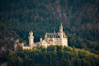 A grand, fairy-tale castle with tall spires and elaborate detailing is nestled in a lush, green forest. The castle's light stone contrasts beautifully with the dark green backdrop of dense trees that rise up behind it, giving an ethereal and majestic appearance.