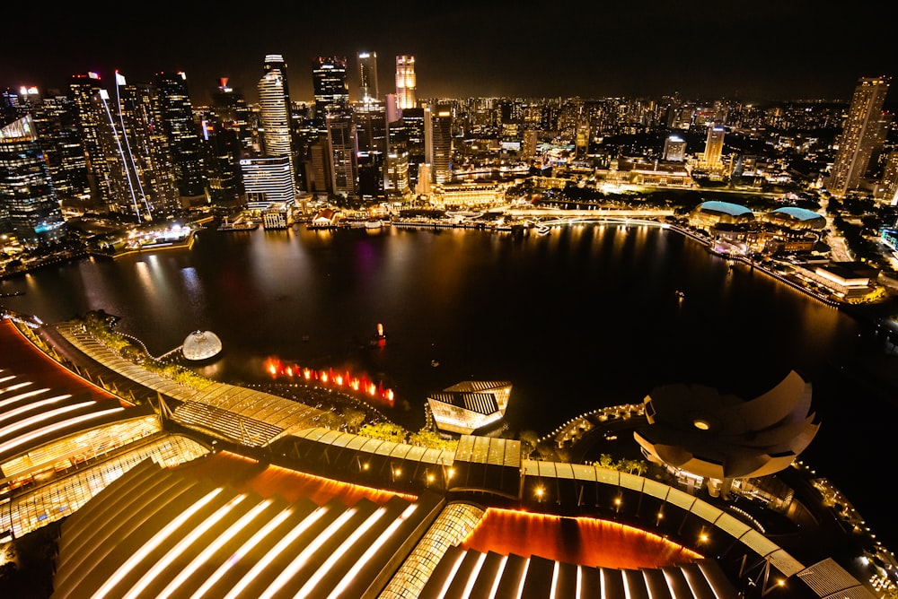 an aerial view of a city at night