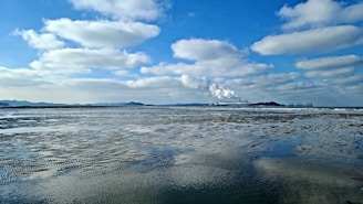 A vast, serene seascape is seen with a muddy shoreline in the foreground. The sea extends toward the horizon, under a sky filled with scattered white clouds. In the distance, a large industrial facility with chimneys is visible, emitting white smoke. The scene is calm with no immediate human presence.