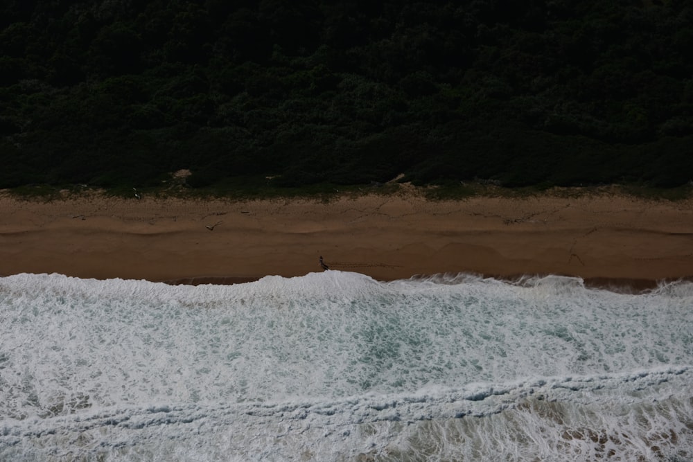 an aerial view of the ocean and a sandy beach