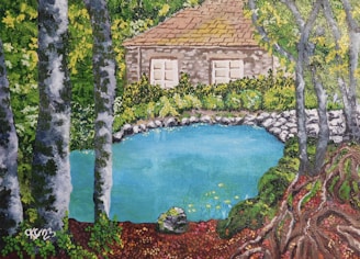 a painting of a house in the woods
