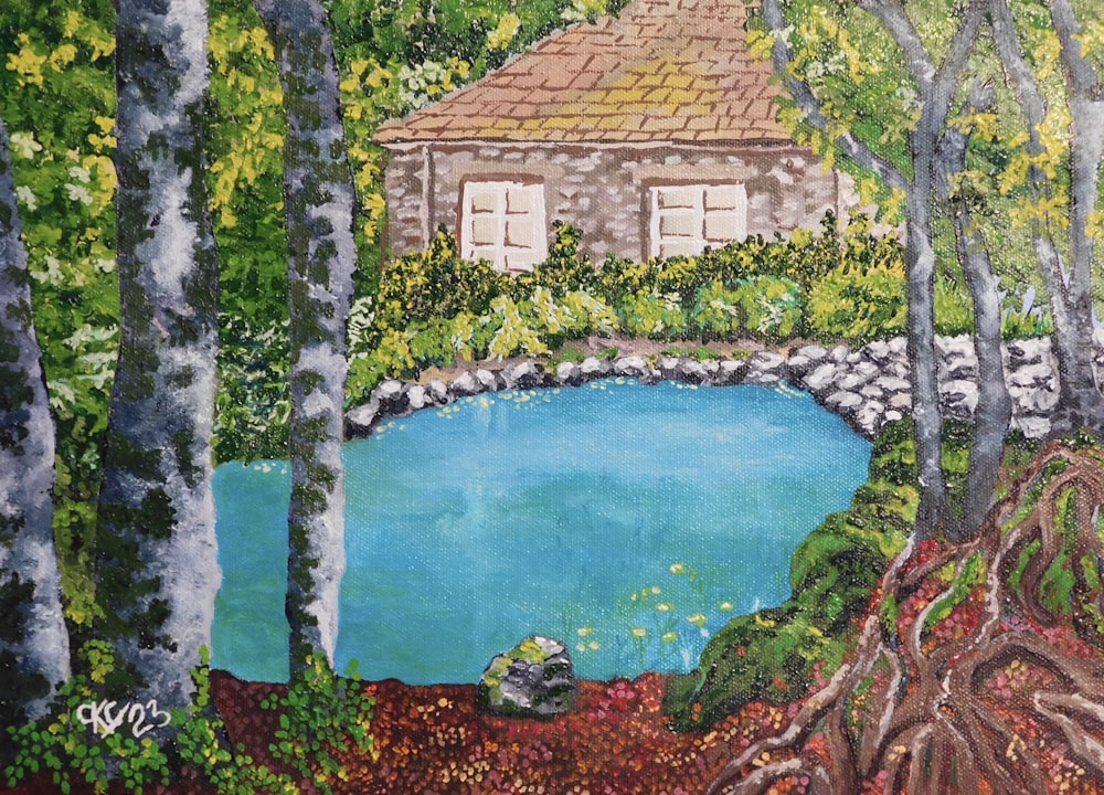 une peinture d’une maison dans les bois