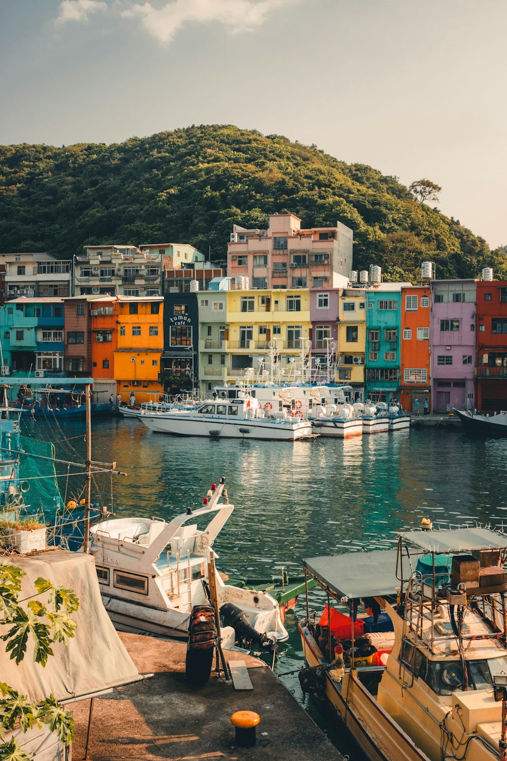 a harbor filled with lots of boats next to a hillside