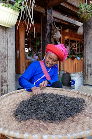 An elderly person wearing traditional clothing with a red headscarf and blue shirt is sorting or inspecting a large quantity of dried herbs or tea leaves spread out on a woven basket. This activity takes place in front of a rustic wooden building with hanging plants and pots, indicating a rural or village setting.
