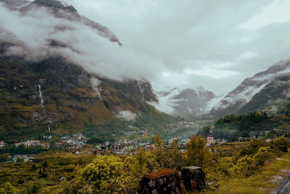 a scenic view of a valley with mountains in the background