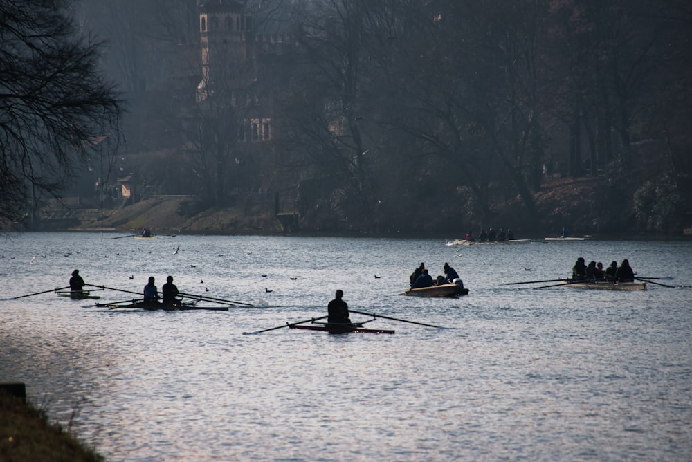 un gruppo di persone che remano su un lago