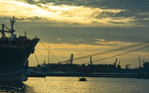 Early morning at Tema harbor with cargo ships docked against a deep navy sky