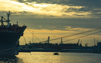 Early morning at Tema harbor with cargo ships docked against a deep navy sky