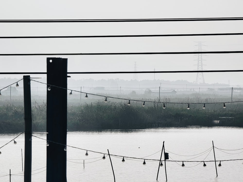 a body of water surrounded by power lines