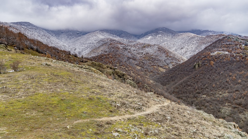 a view of a mountain range with snow on the mountains