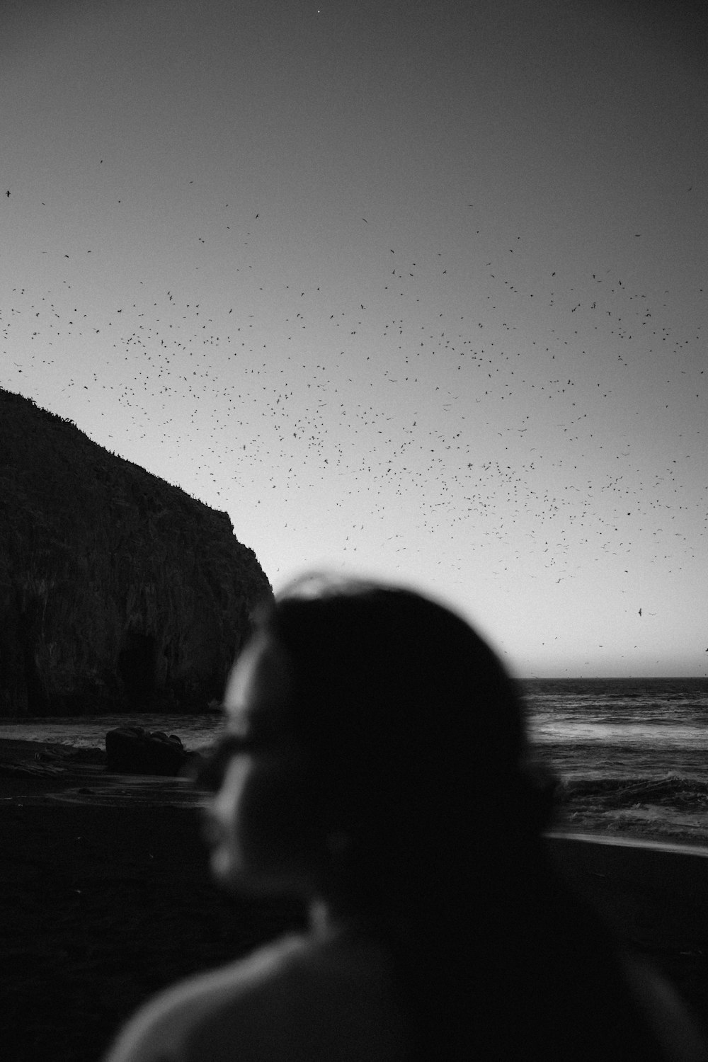 Una foto en blanco y negro de una persona en una playa