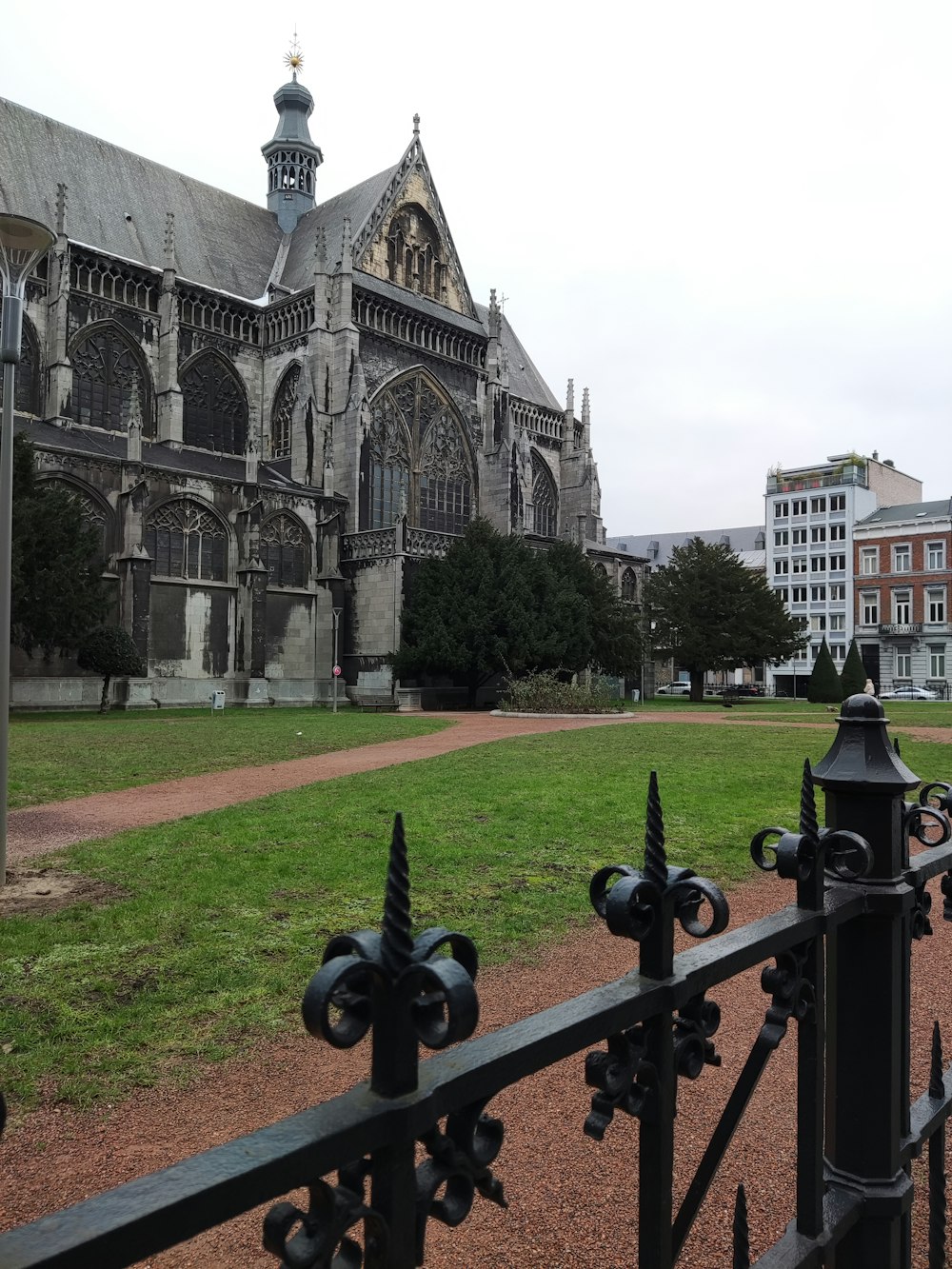 a view of a large cathedral from across a park