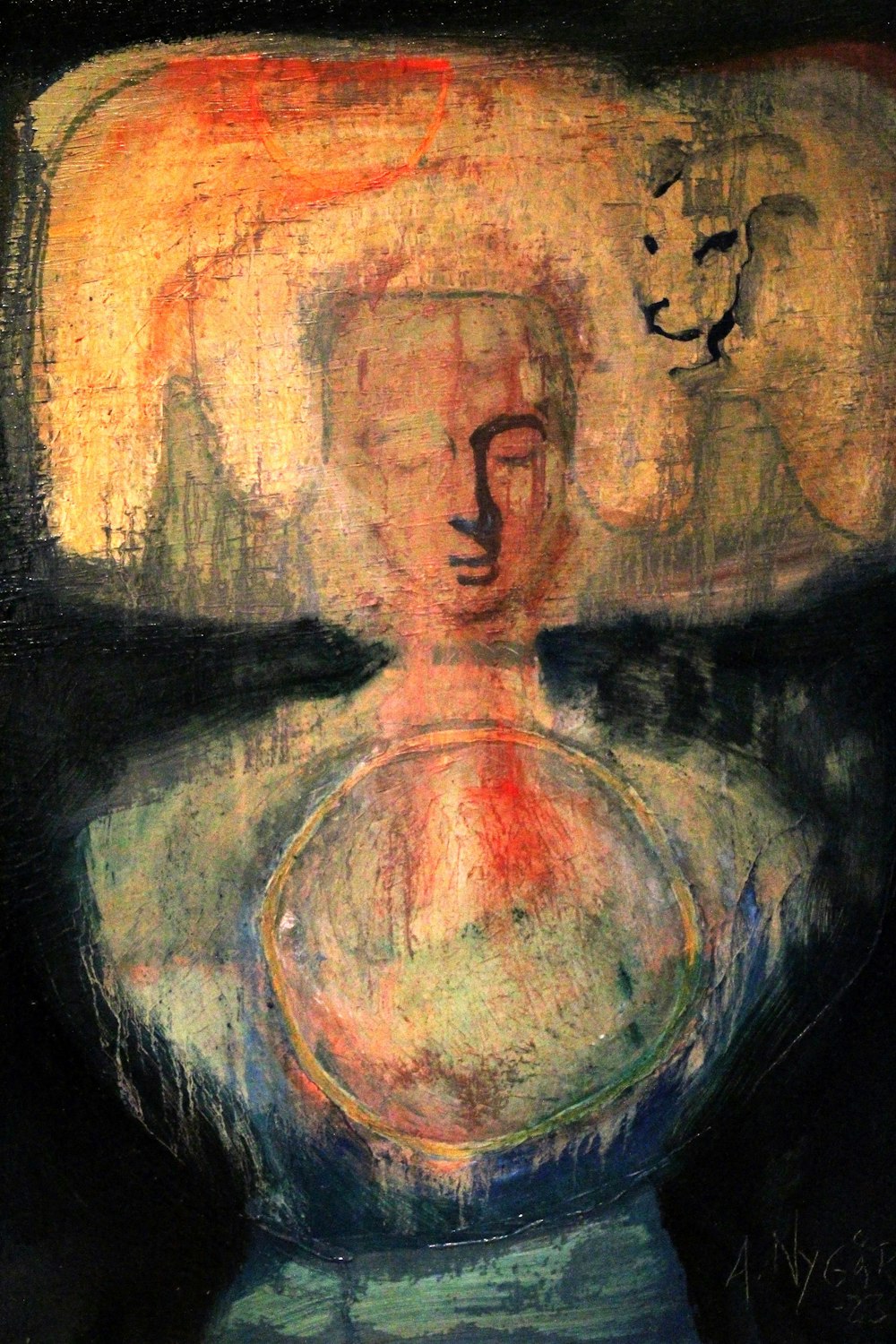 Ein Gemälde eines Mannes mit einem Löwen auf dem Kopf