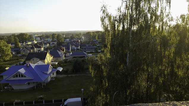 A cozy suburban neighborhood with several houses surrounded by trees. One house features a distinctive blue roof. The area is lush with greenery and bathed in warm evening light, creating a peaceful atmosphere.