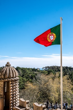 a flag flying over a stone structure in the middle of a forest