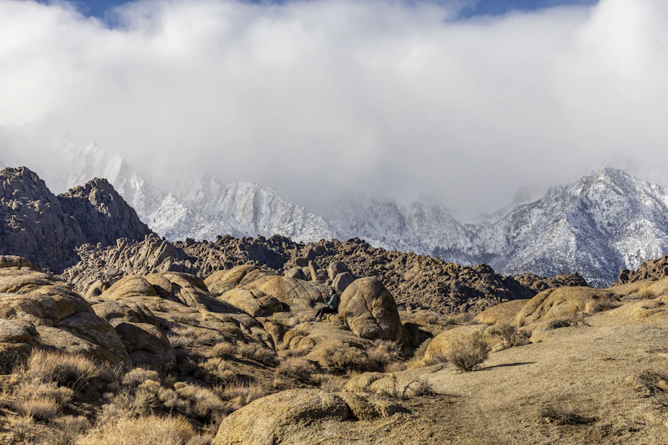 The image depicts a rocky mountain range under a cloudy sky, with snow-capped peaks visible against the backdrop. The mountains are covered in patches of brown and gray rocks, creating a rugged and natural landscape. In the foreground, there is a small cluster of shrubs and bushes, adding a touch of green to the otherwise monochromatic scene.