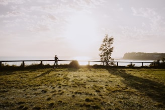 a person standing on a grass covered hill overlooking a body of water
