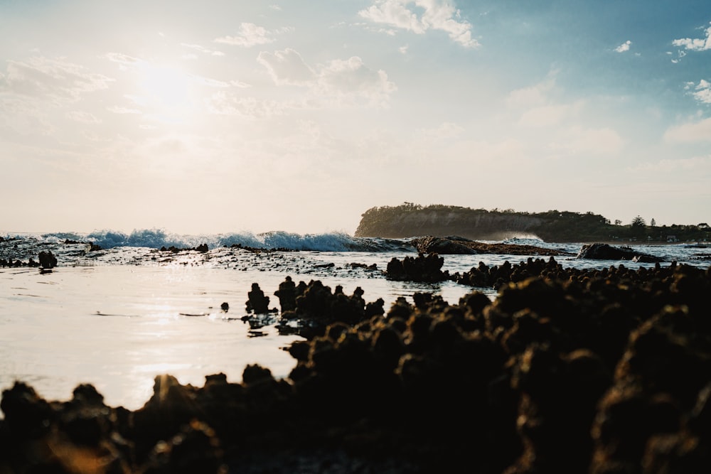 a body of water with rocks in the foreground