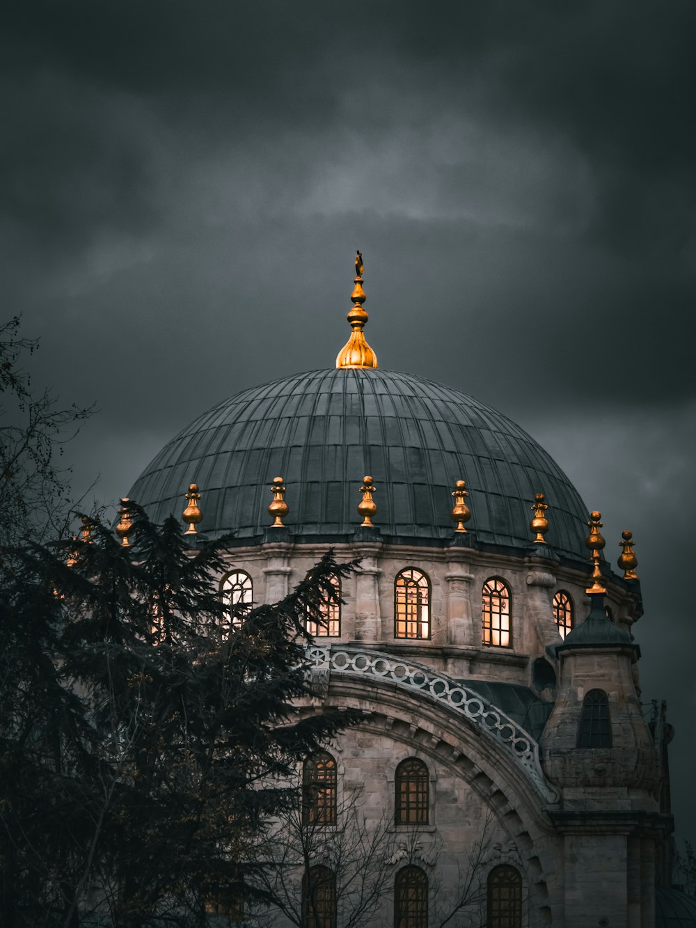 the dome of a building lit up at night