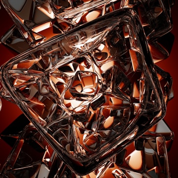 Intricate geometric patterns formed by transparent, angular shapes with reflective surfaces. The composition creates a complex interplay of light and shadow, emphasizing the reflective and refractive properties of the materials.