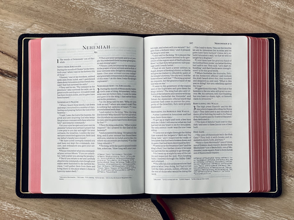 an open book sitting on top of a wooden table