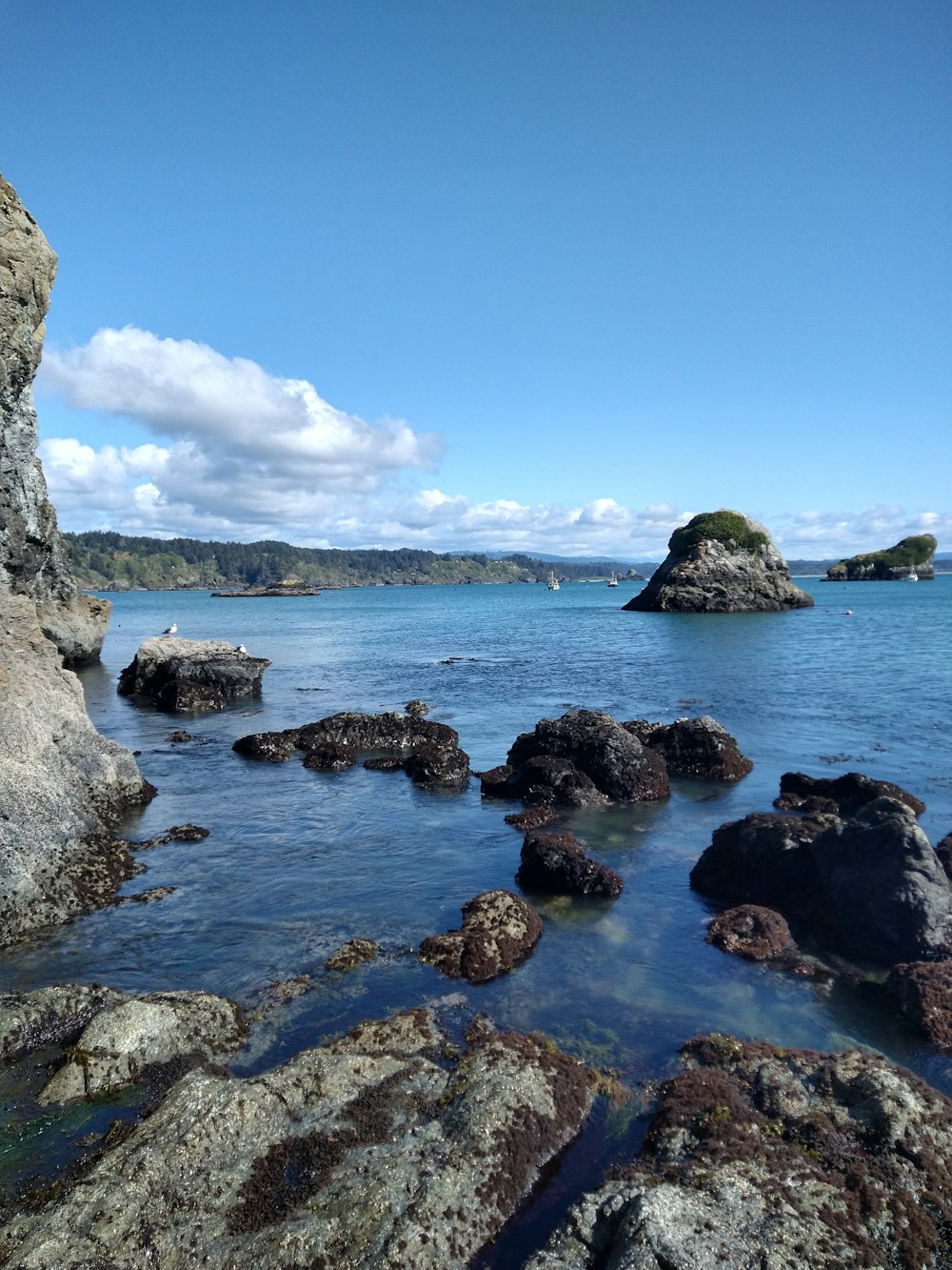 a body of water surrounded by rocks on a sunny day