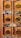 A display of six coffee boxes labeled with different countries: Ghana, Haiti, Ivory Coast, Central African Republic (abbreviated as Cent. African), Angola, and Cameroon. The boxes are primarily red and yellow with the brand name 'Bacha Coffee' prominently displayed. Each box is positioned within a wooden shelf, and there are some greenery and reflections visible in the background.