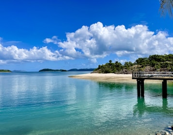Clear turquoise water gently laps against a sandy shore, bordered by lush green vegetation on a small island. A wooden dock extends over the water, with a partly cloudy sky above, creating a tranquil scene.
