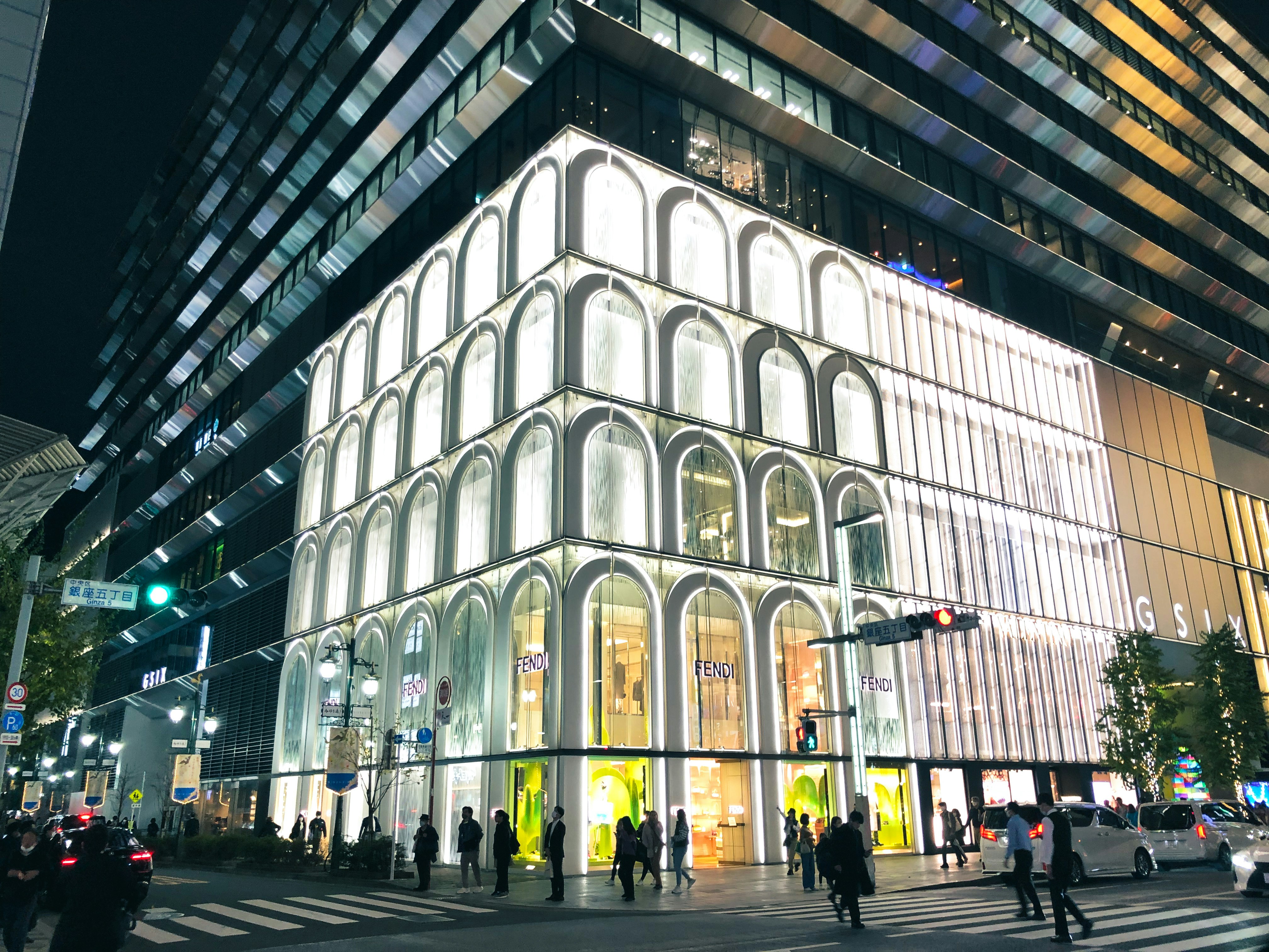 Tokyo Ginza district at night, luxury boutique neon signs, dark atmospheric urban setting
