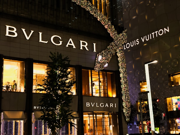 a building with a lit up christmas tree in front of it