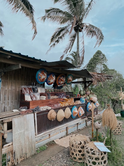 A rustic outdoor market stall made of bamboo, displaying an assortment of traditional handwoven hats and decorative items. Various packaged goods and local foods are arranged on the counter. Large painted circular items hang overhead as decoration. The setting includes large palm trees swaying in the breeze, contributing to a tropical vibe.