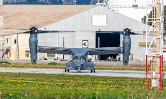 A military aircraft with large rotors is stationed on an airfield with a hangar in the background. The airfield is surrounded by green grass and scattered yellow flowers. The structure of the aircraft and its surroundings suggest a functional and industrial environment.