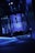 A dimly lit interior space with reflective walls and blue neon lights lining the edges. The ceiling features a projection with an abstract design. The overall atmosphere is futuristic, with metallic and glass textures.