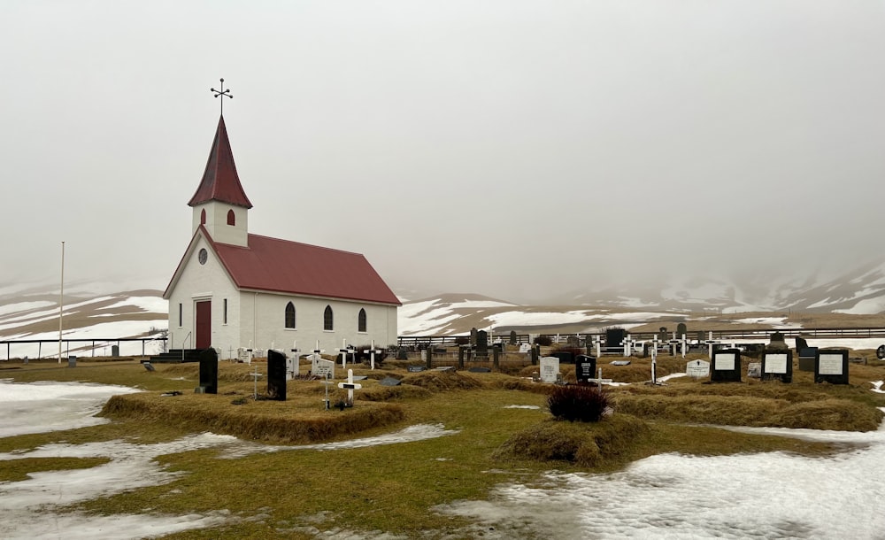 a church with a steeple and a red roof