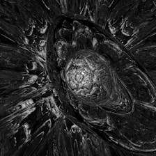 A complex, abstract design featuring intricate, overlapping textures and patterns. The image gives the impression of a three-dimensional crystal or metallic structure with reflective surfaces and dark shading that create a sense of depth.