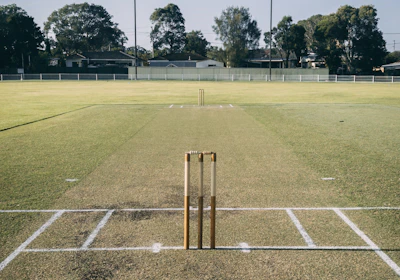 a cricket field with a bat and ball on it