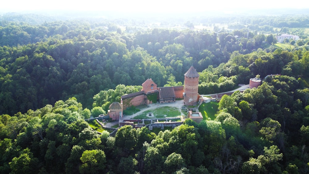 an aerial view of a castle surrounded by trees