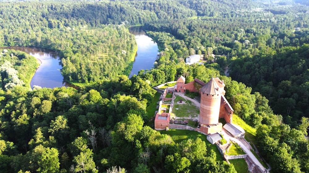 an aerial view of a castle surrounded by trees