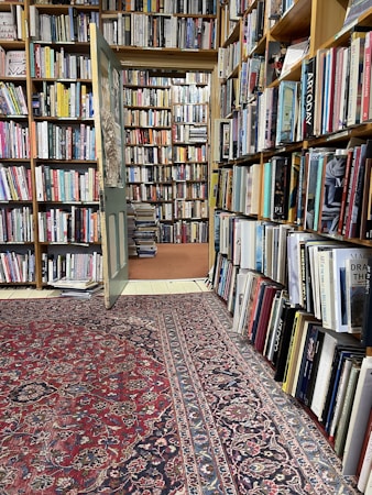 A cozy bookstore or library corner filled with tall wooden shelves packed with a variety of books. The room is adorned with a vintage Persian-style carpet covering the floor, and an open door leads to another book-filled space. Natural light softly illuminates the room, highlighting the colorful book spines and intricate carpet patterns.