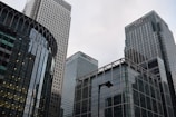 Skyscrapers with glass and steel facades rise against a cloudy sky. Corporate logos like HSBC and Citi are visible on the buildings, indicating major financial institutions. The architecture features modern glass curtain walls and grid patterns.