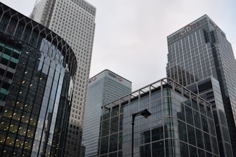 Skyscrapers with glass and steel facades rise against a cloudy sky. Corporate logos like HSBC and Citi are visible on the buildings, indicating major financial institutions. The architecture features modern glass curtain walls and grid patterns.