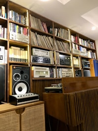 A cozy audio store shelf filled with headphones, cables, and speakers.