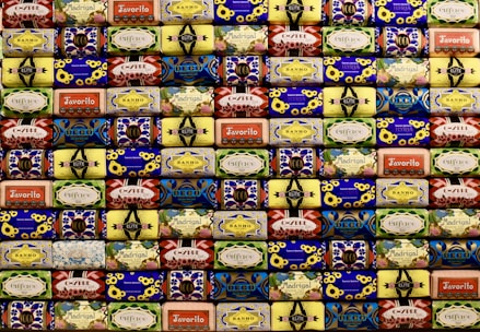 A variety of soaps and shampoos arranged aesthetically.