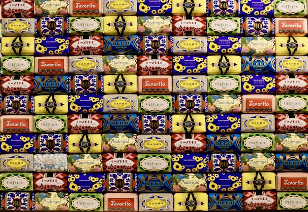 A collection of colorful soap bars arranged aesthetically.