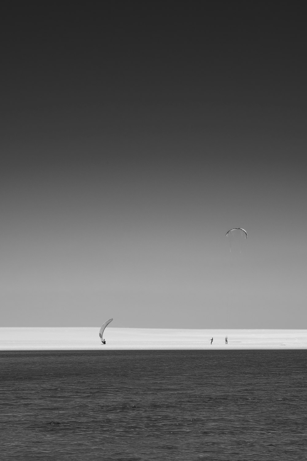 a couple of birds flying over a large body of water