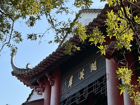 A traditional architectural structure features ornate roof tiles and decorative elements, partially obscured by lush green tree branches and leaves. The sunlight casts highlights on the building, creating a harmonious blend with the natural elements.