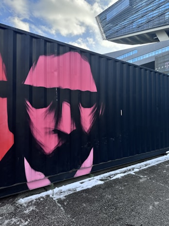 A pink stylized portrait of a face is painted on the side of a black shipping container, located outdoors. The background features a modern architectural building with glass facades under a partly cloudy blue sky. The ground is covered in a light dusting of snow.