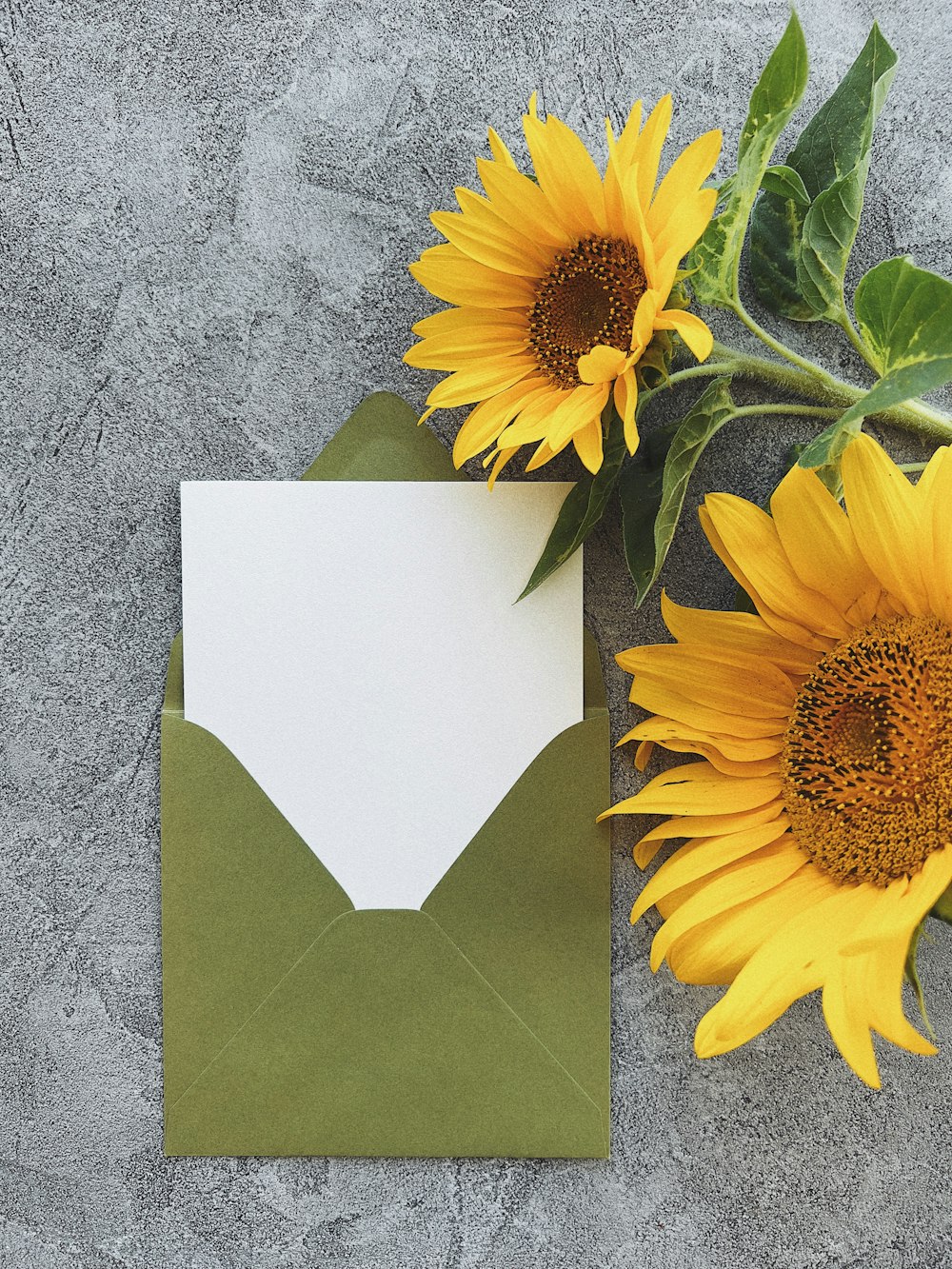 a sunflower next to a green envelope with a white card