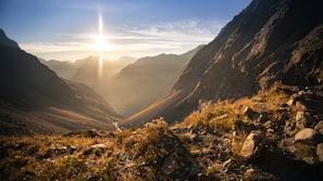 Golden sunrise casting long shadows over a rugged mountain trail.